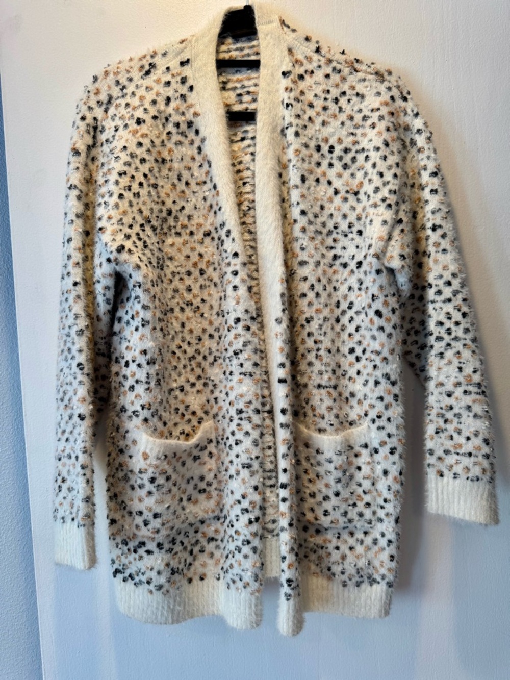 bobeau Cream and Black Fuzzy Leopard Cardigan